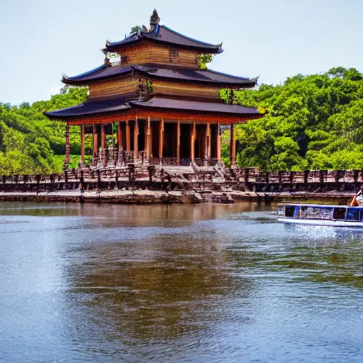 Image similar to large river with a large temple floating in the middle of it