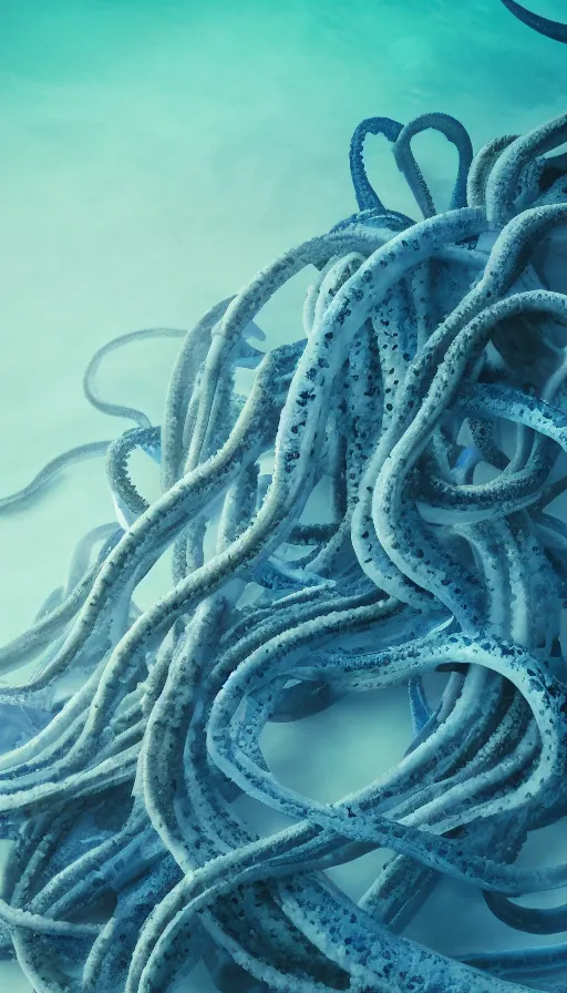 Prompt: a color pentax photograph of masses of tentacles rising from a cerulean sea, very beautiful, volumetric soft lighting, 8k