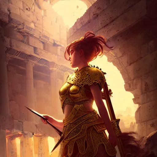 Image similar to An illustrationof a portrait of a Knights of Zodiac girl, fighting at ancinet Agora of Athens, ruins, Golden Light, illustration, art by WLOP, NIXEU and greg rutkowski, volumetric light, lightrays, smoke, cinematic, intricate, hypermaximalist, super detailed