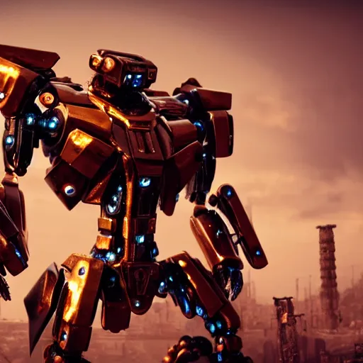 Image similar to a shiny ornate boxing humanoid mecha in ruin city, victory, punk style, by war robots, real steel ( 2 0 1 1 ), westworld and eve venture and pacific rim and machine warrior 5, cryengine, frostbite 3 engine, scarlet and yellow scheme, sharp focus, 8 k, high definition, insanely detailed, soft lighting, smooth face