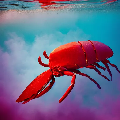 Prompt: film photography of a giant lobster swimming amongst colourful underwater clouds by Kim Keever, low shutter speed, 35mm