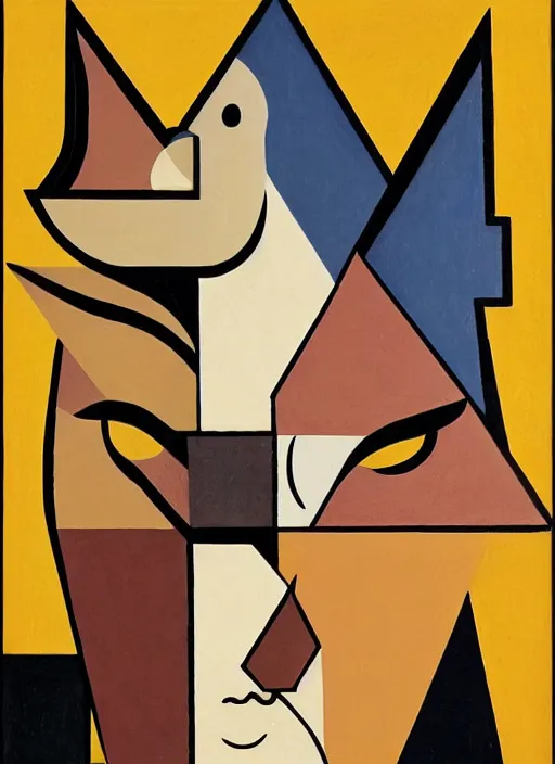 Prompt: a synthetic cubism extremely detailed masterpiece painting of a female with one triangular eye one trapezoid eye one side view of a nose a heat shaped elongated mouth at an angle a sharp jaw and no ear long hair on the same canvas plane, in the style of juan gris, muted brown yellow and blacks