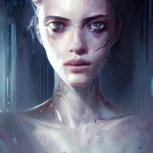 Image similar to portrait of a young beautiful woman, reflecting eyes, cyberpunk, high detail, dramatic light, digital art, dark, painted by seb mckinnon and greg rutkowski, trending on artstation