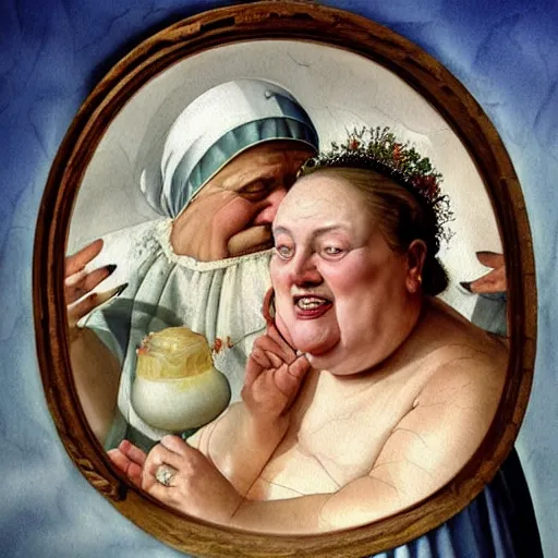 Prompt: a very funny stylize oil painting in renaissance style of a sweet fat old woman kissing her reflection. symmetry face, red mouth, blue eyes. flowery dress. hyper realistic scene. 3 d, octane render, deep focus, white scene. very funny and sweet image. unreal engine. watercolor. fellini style. poster quality. klee style.