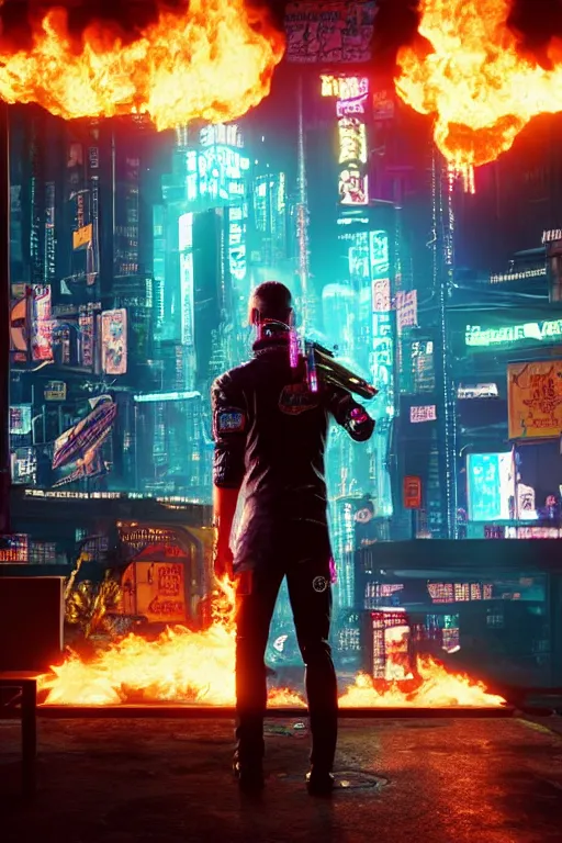 Prompt: in the foreground two glasses of alcohol placed on a table in the background a cyberpunk city in flames, realistic, high definition, 4K, shimmering color, symmetrical face, hyper detailed, art of cyberpunk 2077