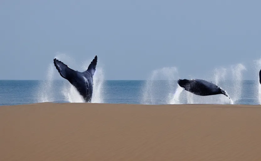 Prompt: whales jumping in sand dunes, photography