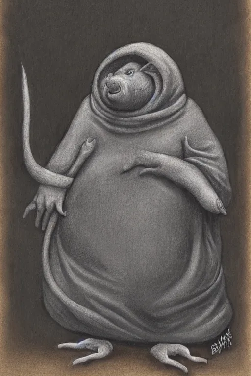 Prompt: a obese gray sniveling rat person wearing a decaying brown cloak, painting by ed binkley