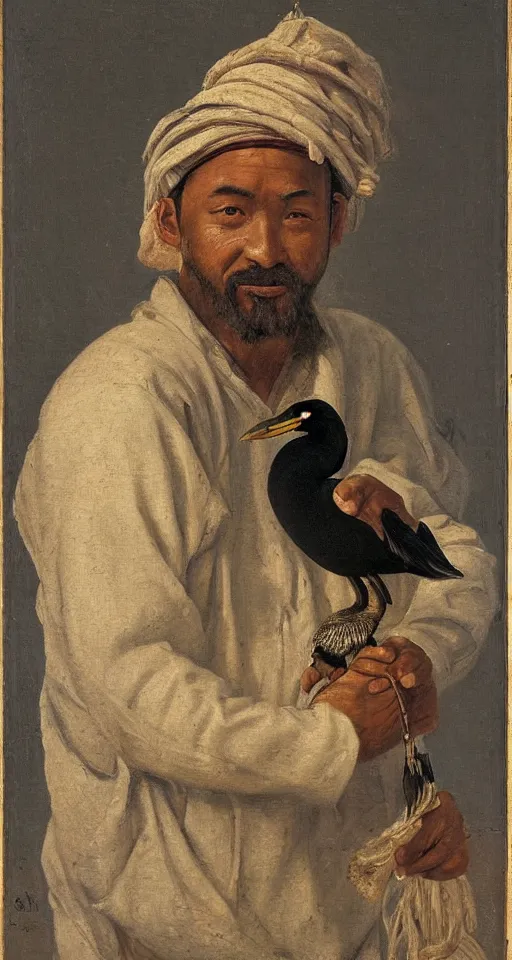 Image similar to orientalist portrait painting of a fisherman with a cormorant on his shoulder, in romantic style, sfumato