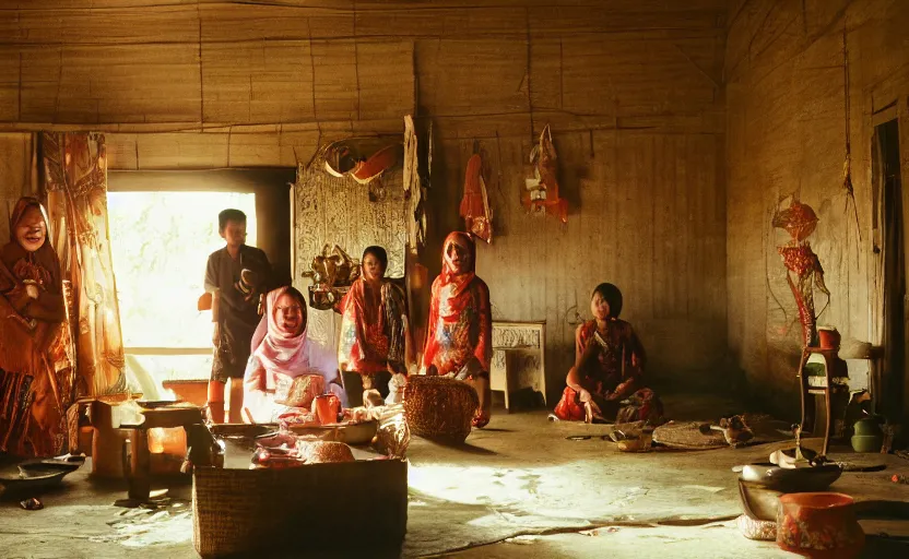 Prompt: a cinematic photograph of an Indonesian family inside their traditional house, by Gregory Crewdson, shot on 35mm film camera, natural lighting, 8K,