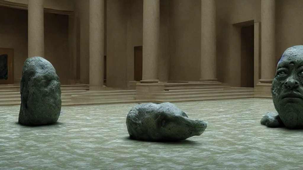Image similar to the strange creature in court, made of stone and water, film still from the movie directed by Denis Villeneuve with art direction by Salvador Dalí,