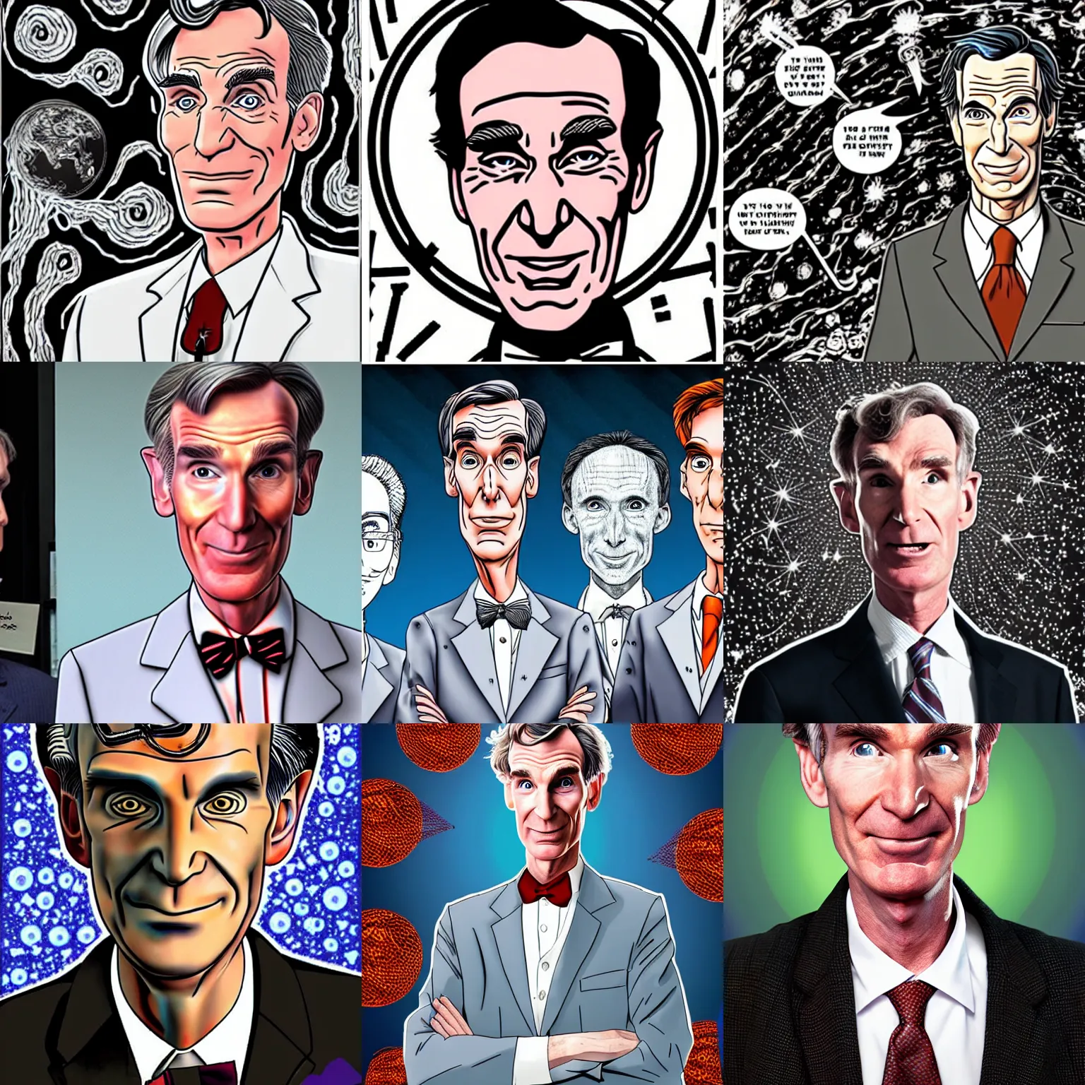 Prompt: bill nye the science guy doing actual science stuff in the style of junji ito,