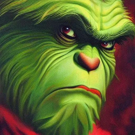 Prompt: an ultra - realistic portrait painting of the grinch in the style of frank frazetta. 4 k. ultra - realistic. highly detailed. dark fantasy. epic lighting.
