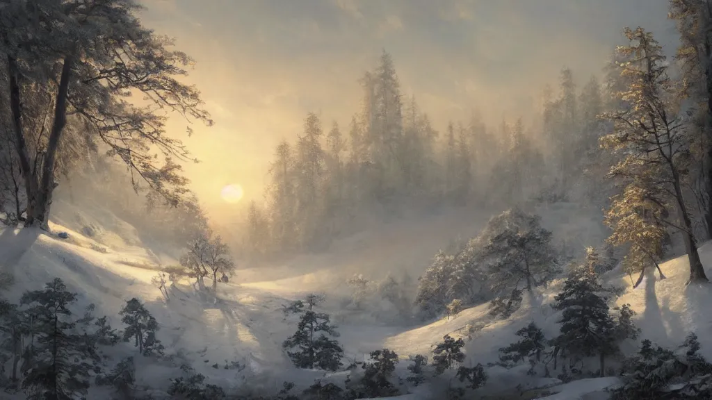 Image similar to the most beautiful panoramic landscape, oil painting, where a giant dreamy waterfall is frozen, the trees around have snow over their leafs, a majestic deer is in close - up and is exhaling steam, the ray lights of the sunrise are brightening him, by greg rutkowski