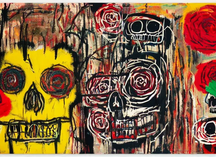 Image similar to bokeh roses growing out of one single skull by jean-michel basquiat, david choe and alex gray painting, intricately highly detailed art piece