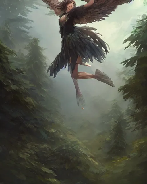 Image similar to a female anthropomorphic eagle warrior. She has two wings on her back. Forest, clearing. Atmospheric lighting, By Makoto Shinkai, Stanley Artgerm Lau, WLOP, Rossdraws, James Jean, Andrei Riabovitchev, Marc Simonetti, krenz cushart, Sakimichan, D&D trending on ArtStation, digital art.