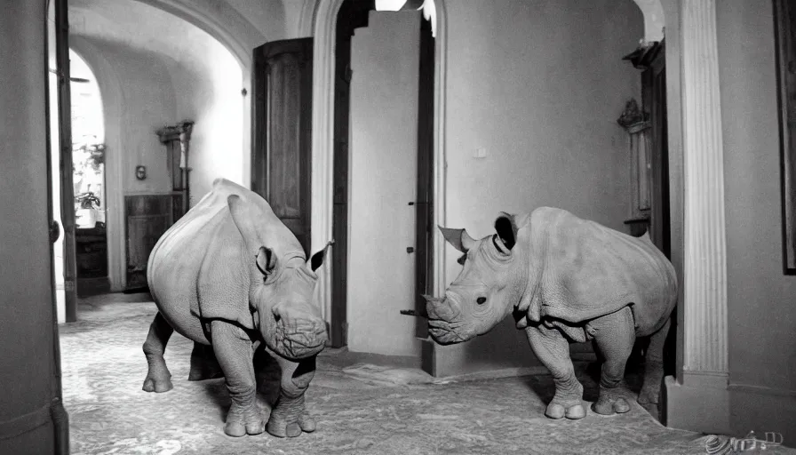 Prompt: a rhinoceros in a french townhouse interior, by mini dv camera, very very low quality, heavy grain, very blurry, accidental flash, caught on trail cam