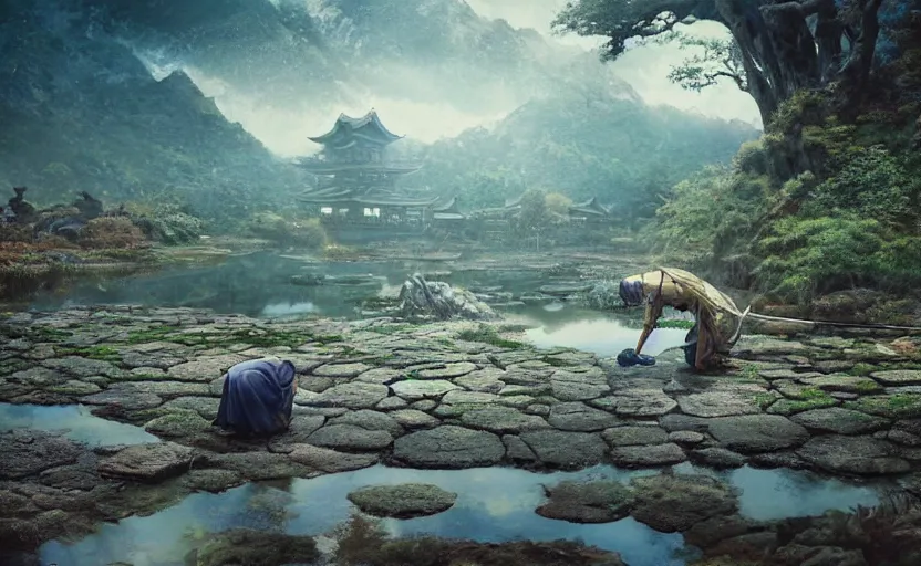 Image similar to highly detailed digital illustration of samurai kneeling in the blue puddle in old, ruined, japanese village from sengoku period, surrounded by dense rock formations, high in mountains, cinematic lighting, photobash, raytracing, volumetric lighting