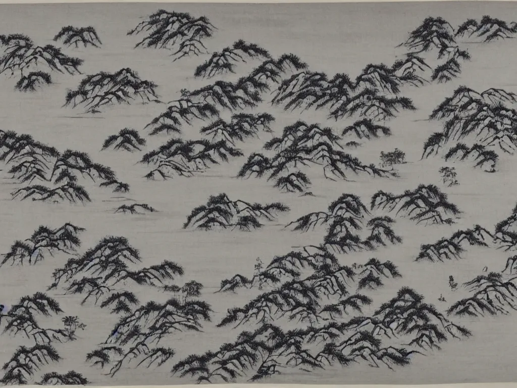 Image similar to appalachian landscape of the laurentian region, painting in traditional chinese black ink shanshui style.