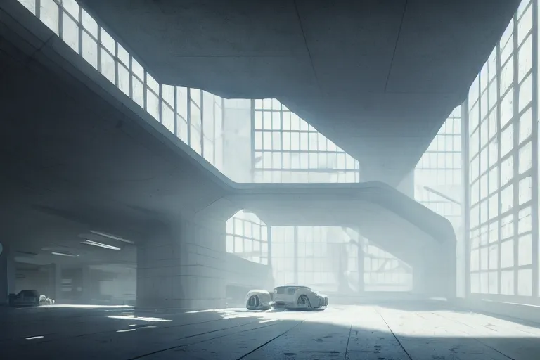 Image similar to hyper realistic interior photo of a white concrete brutalist megastructure with huge windows and skylights, volumetric light rays, style of simon stalenhag and alphonse mucha, cinematic and blue cold atmospheric, archillect concept art, trending on artstation, epic matte painting by weta digital, cgisociety