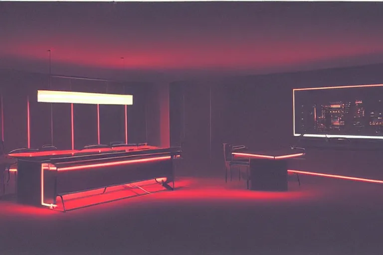 Prompt: a dark conference room, half full, atmospheric and obscure, red neon light, by roger deakins, cinematography, syd mead