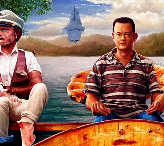 Prompt: Tom hanks as forrest gump sitting in a giant shrimp boat, majestic beautiful world, realism painting, amazing detail