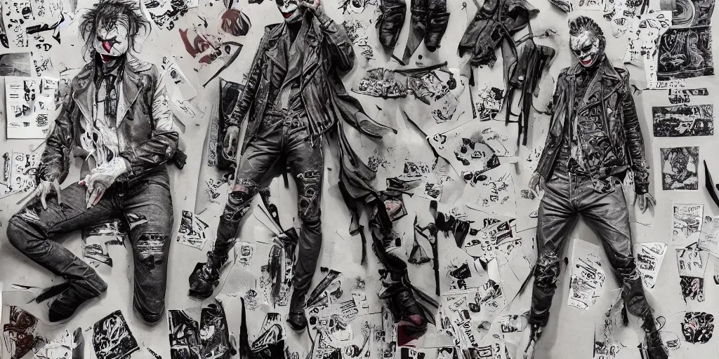 Image similar to the joker fully tattooed, wearing scratched and ripped leather jeans, wearing an aviator outfit with a smiley stamp on its back, character sheet, fine details, props, concept design, contrast, kim jung gi, greg rutkowski, trending on artstation, 8 k, full body, turnaround, front, back, ultra wide angle