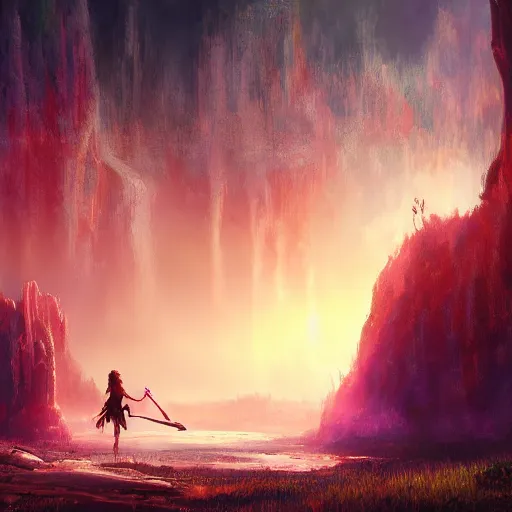 Image similar to landscape of Aloy in misty mysterious astral temple jumpin with pistol in river of chromatic SPIRITS , beautiful, dmt, trending on artstation, omnious, soft, artwork by Wong, Liam