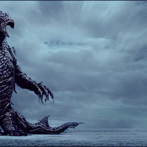 Image similar to low resolution filmstill of a kaiju monster