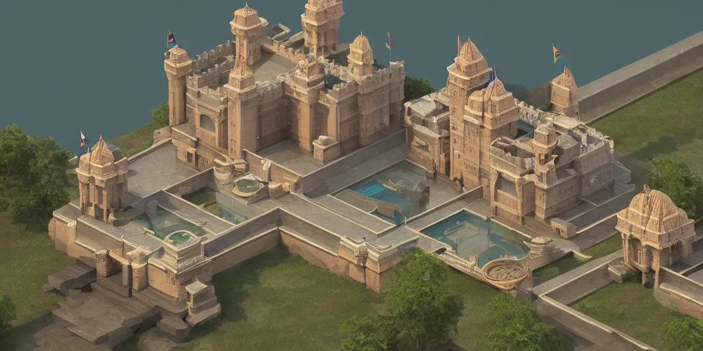 Image similar to isometric 3 d rendering of an indian castle, art deco, octane render, trending on artstation, cgsociety