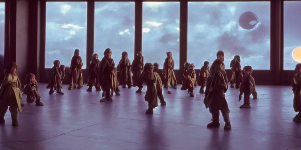 Image similar to A full color still of Mark Hamill as Jedi Master Luke Skywalker training a diverse room of young Jedi padawans, with large windows showing a sci-fi city outside, at dusk at golden hour, from The Phantom Menace, directed by Steven Spielberg, 1997