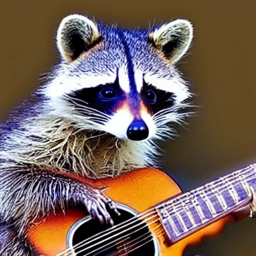 Prompt: photo of a raccoon playing the guitar