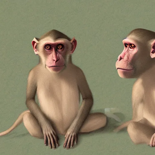 Image similar to two macaques looking at each other inside ancient cave, digital art, soft shadows, creepy art, drawn by shadman