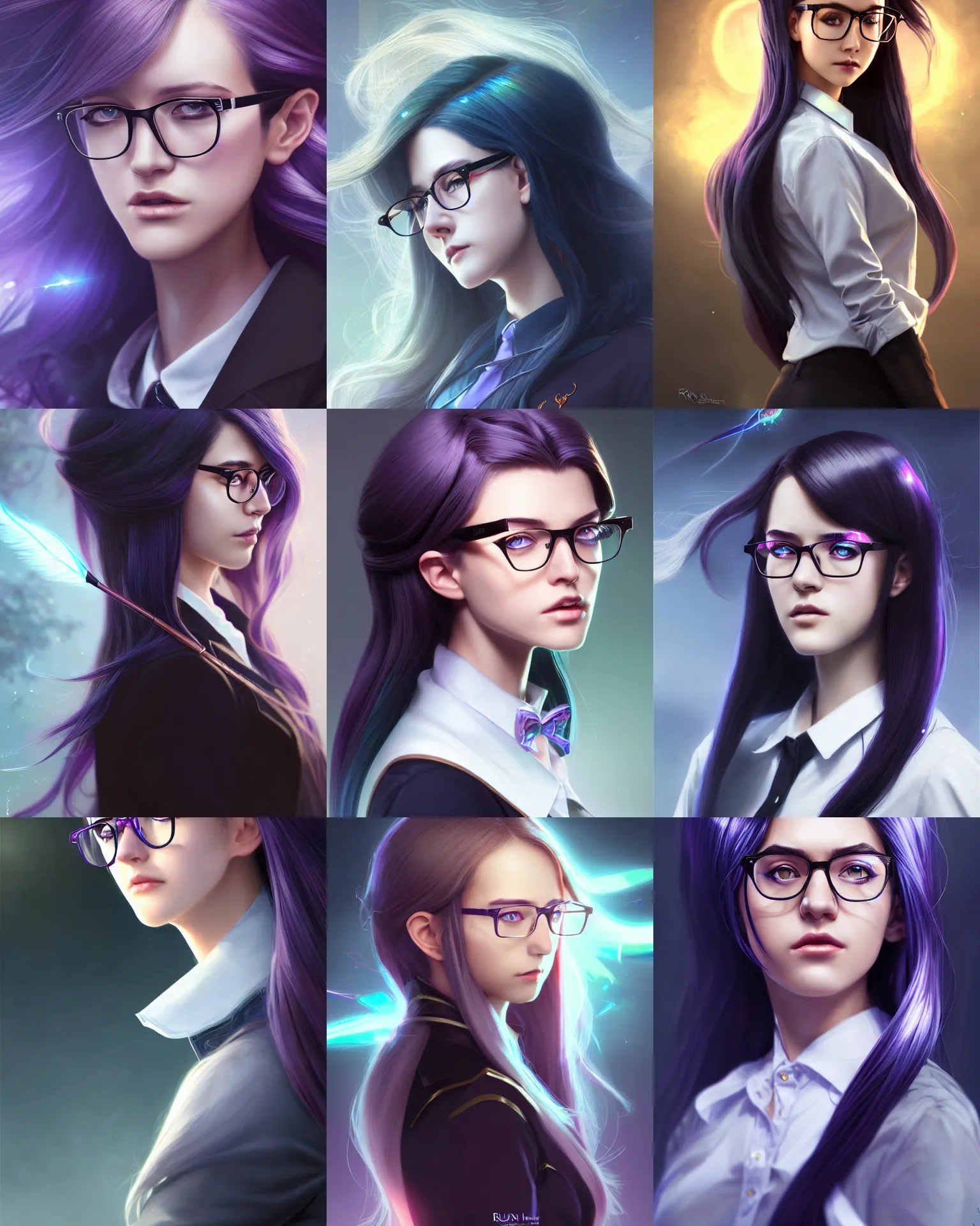 Prompt: side portrait of an attractive college girl, strixhaven magic school university uniform, dark iridescent hair color, long windy hair style, large nerd glasses, fantasy, intricate, sharp focus, lens flare, bloom, rim light, illustration, highly detailed, digital painting, concept art, matte, art by ruan jia