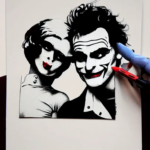 Image similar to mimmo rottela and banksy as joaquin phoenix skinny joker holding hand lady gaga harley queen, photorealistic, intricate details, pop art style, concept art, confident, love, random object movement, 3 colors, 4 k, 4 d, ultra smooth, sharp focus