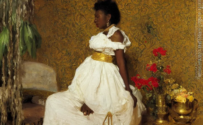 Image similar to high quality high detail painting by ilya repin, black woman in a white room with many plants, intricate costume design, orientalist, partially gold, ornate, elite, luxury, hd