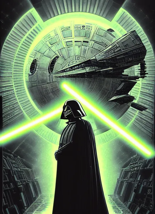 Image similar to platonic ideal luke skywalker, nazgul mandelbulb, deathstar, millenium falcon, detailed, darth vader, action pose, intricate, volumetric lighting, moebius, dan mumford, alphonse mucha, poster,