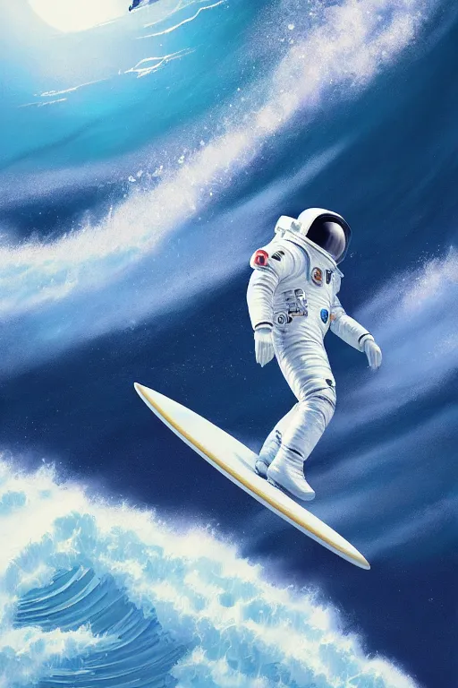 Image similar to a beautiful digital painting of an astronaut in a white space suit surfing the great wave on a surfboard by greg rutkowski, photorealistic, trending on artstation, highly detailed, intricate, unreal engine, octane render