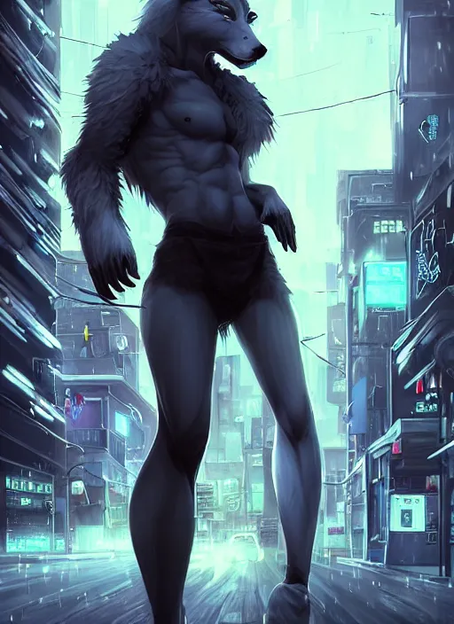 Image similar to award winning beautiful portrait commission art of a muscular male furry anthro albino wolf fursona with a tail and a cute beautiful attractive detailed furry face wearing black stylish cyberpunk pants and boots in a cyberpunk city at night while it rains. Character design by charlie bowater, ross tran, artgerm, and makoto shinkai, detailed, inked, western comic book art