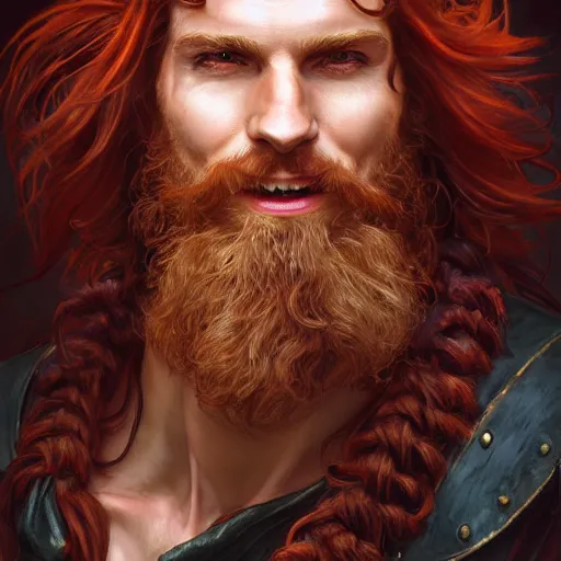 Image similar to portrait of a young ruggedly handsome but joyful pirate, male, masculine, upper body, crimson hair, long hair, d & d, fantasy, smirk, intricate, elegant, highly detailed, digital painting, artstation, concept art, matte, sharp focus, illustration, art by artgerm and greg rutkowski and alphonse mucha