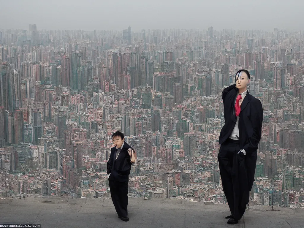 Prompt: ‘The Center of the World’ (Cindy Sherman photograph, colorful makeup, with city in the background) was filmed in Beijing in April 2013 depicting a white collar office worker. A man in his early thirties – the first single-child-generation in China. Representing a new image of an idealized urban successful booming China.