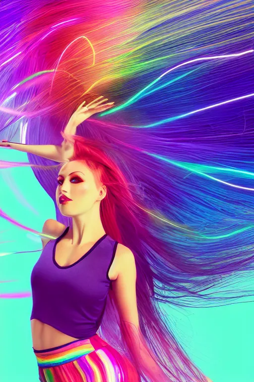 Image similar to a award winning half body portrait of a beautiful woman with stunning eyes in a croptop and leggings with reinbow colored ombre hairstyle head in motion and hair flying while dancing by thomas danthony, surrounded by whirling illuminated lines, outrun, vaporware, shaded flat illustration, digital art, trending on artstation, highly detailed, fine detail, intricate