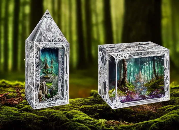 Prompt: photo of a crystal box with a magical kingdom inside, in the forest. Fantasy magic style. Highly detailed 8k. Intricate. Nikon d850 55mm. Award winning photography.