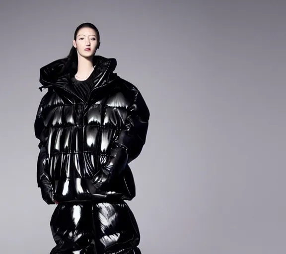 Prompt: well lit fashion shoot portrait of extremely beautiful female black marble statue wearing huge puffer jacket over size futuristic outerwear, puffer trouser, puffer jacket, puffer jacket by moncler genius, dingyun zhang, yeezy, balenciaga, vetements, sharp focus, clear, detailed, detailed, glamorous, symmetrical, vogue, editorial, fashion,