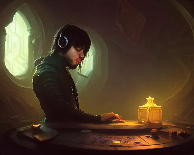 Prompt: a 4 k cinematic screenshot still portrait of a emo in a dark liminal space room listening to music wearing headphones, deep focus, d & d, fantasy, intricate, elegant, highly detailed, digital painting, artstation, concept art, matte, sharp focus, illustration, dark fantasy style art, hearthstone, art by artgerm and greg rutkowski and alphonse mucha