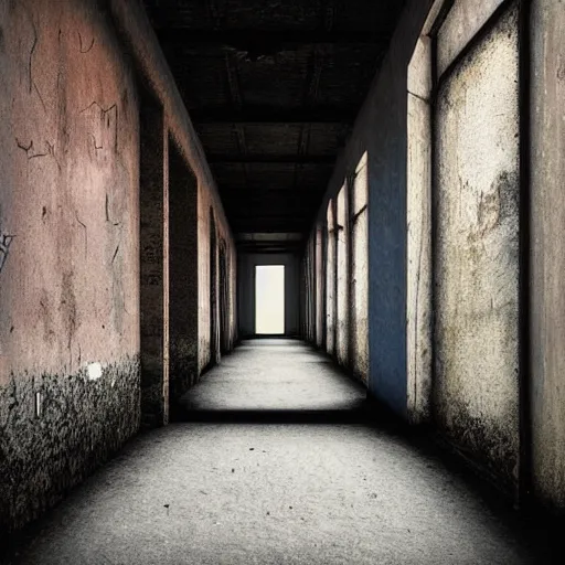 Image similar to a long shadowy decrepit asylum hallway, one point perspective, vanishing point, symmetrical composition, rich colors, dramatic lighting, by lee madgwick, photorealistic, v - ray render 8 k uhd