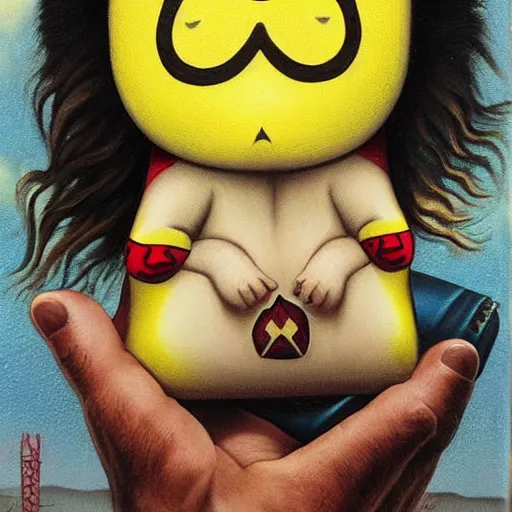 Prompt: Jason Momoa holding Pikachu, lowbrow painting by Mark Ryden
