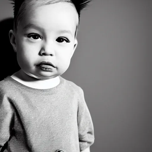 Image similar to the face of punk rock alien at 2 years old wearing balenciaga clothing, black and white portrait by julia cameron, chiaroscuro lighting, shallow depth of field, 8 0 mm, f 1. 8