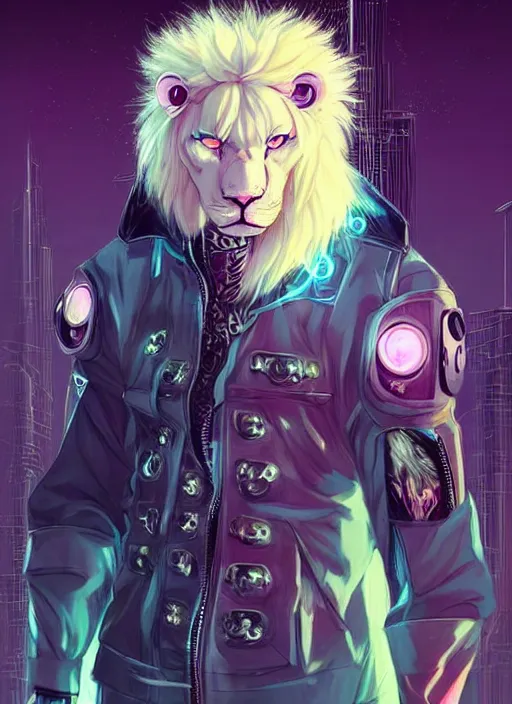 Image similar to esthetic portrait commission of a of a male muscular cyborg anthro albino lion with a neon metal tail and a cute beautiful attractive detailed furry face wearing stylish cyberpunk unkempt wired clothes in a cyberpunk city at sunset while it rains heavily. Character design by charlie bowater, ross tran, artgerm, and makoto shinkai, detailed, inked, western comic book art, 2021 award winning painting