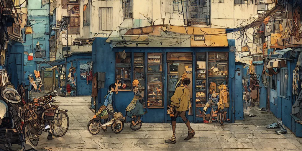 Prompt: a film still from Tekkonkinkreet by Ian McQue, dark blue interior of vintage collectables store, the shop window looks out onto narrow market alley of dusty favela city street, intimate, vibrant, 50mm lens, video game character and environment design, 2d game lineart behance hd, studio, dramatic lighting, cinematic, global illumination, trending on Artstation, bloom