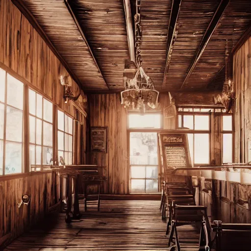 Image similar to Empty Old West Saloon at the break of day, dust particles in the air, god beams coming through the windows, hyper realistic, HD, DLSR Camera, Rococo style, Grand Piano, Staircase